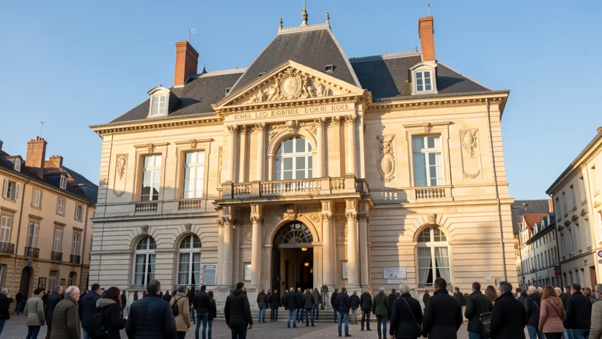 Image générique de la façade d'un hôtel de ville français, avec des détails architecturaux et un balcon, sous un soleil d'après-midi.