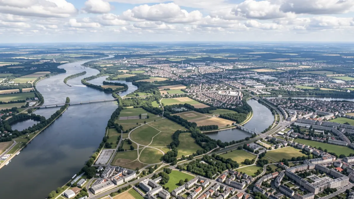 Image générique de la vallée d'un fleuve avec des zones urbaines et des cours d'eau.