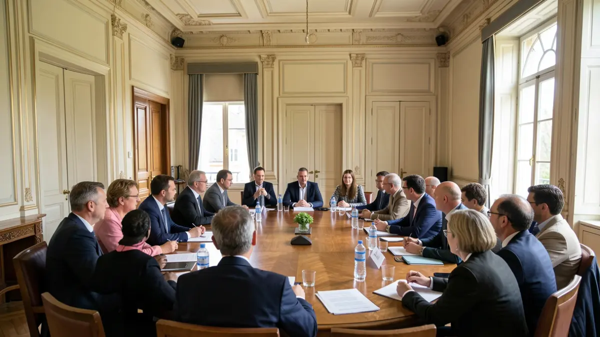Image générique d'une réunion de professionnels dans un bâtiment administratif en Île-de-France.