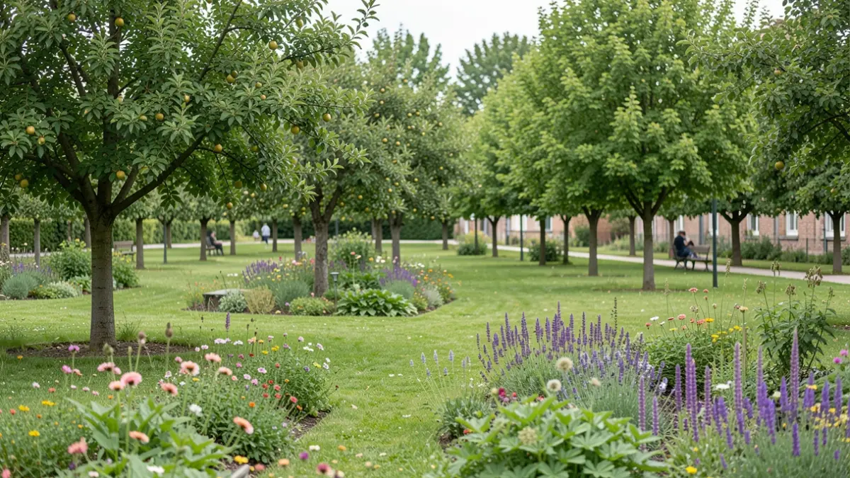 Image générique d'un parc communal verdoyant avec des vergers et des massifs de fleurs.