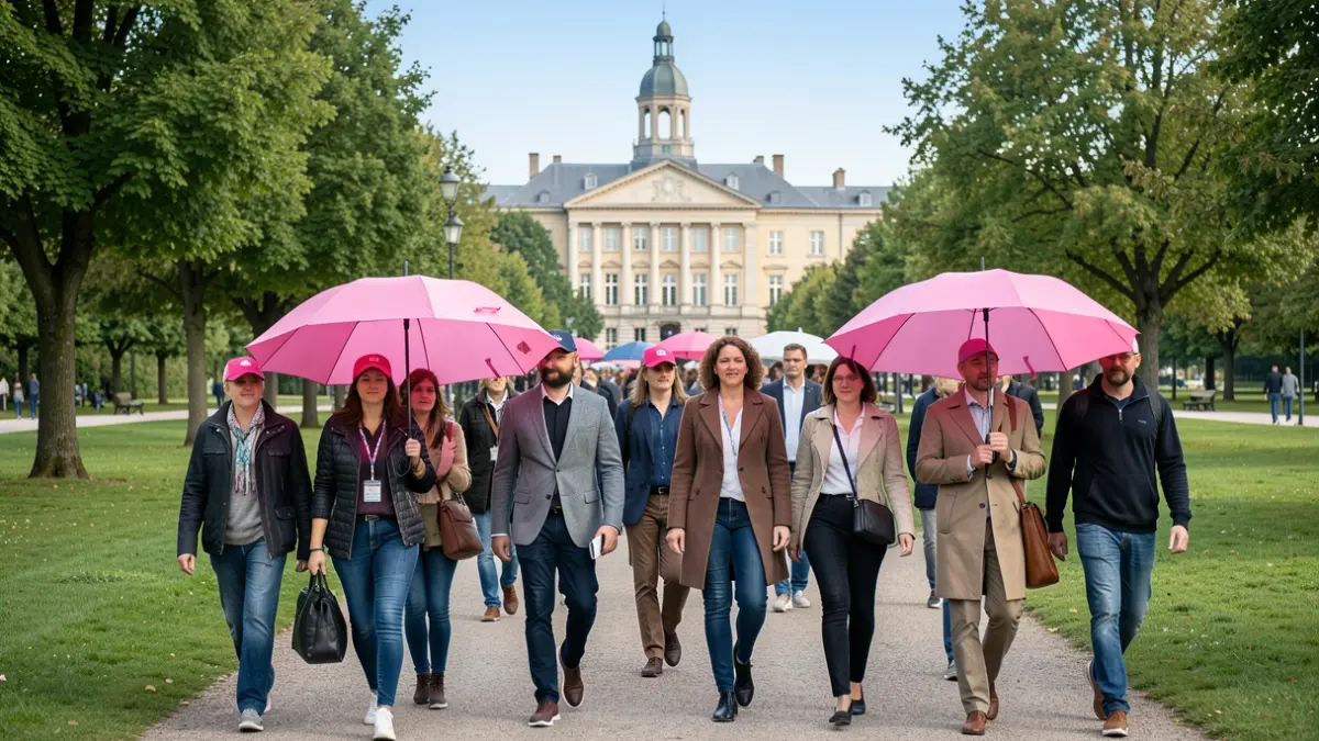 Image générique de personnes marchant ensemble dans un parc avec des parapluies roses, un bâtiment municipal en arrière-plan.