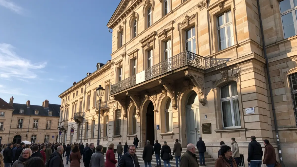 Generic image of a stone town hall facade with an ornate balcony and iron railings, in the afternoon sun.