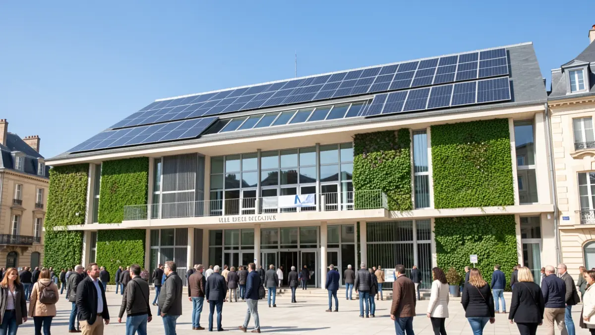 Image générique de la façade d'un bâtiment municipal moderne, axée sur l'écologie et l'engagement civique.