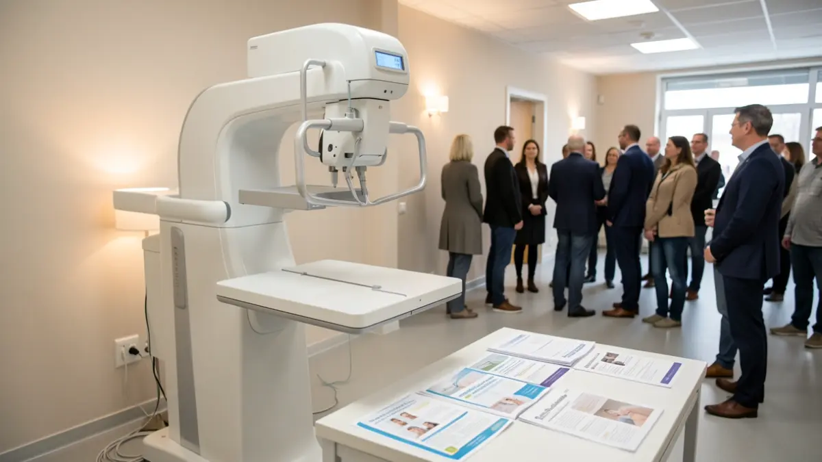 Generic image of a medical imaging room with a mammography machine and informational pamphlets.