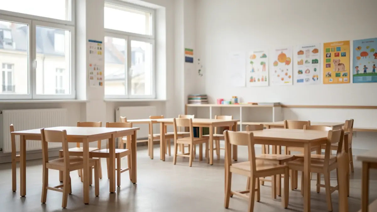 Generic image of a modern classroom with child-sized tables and chairs, illuminated by natural light.