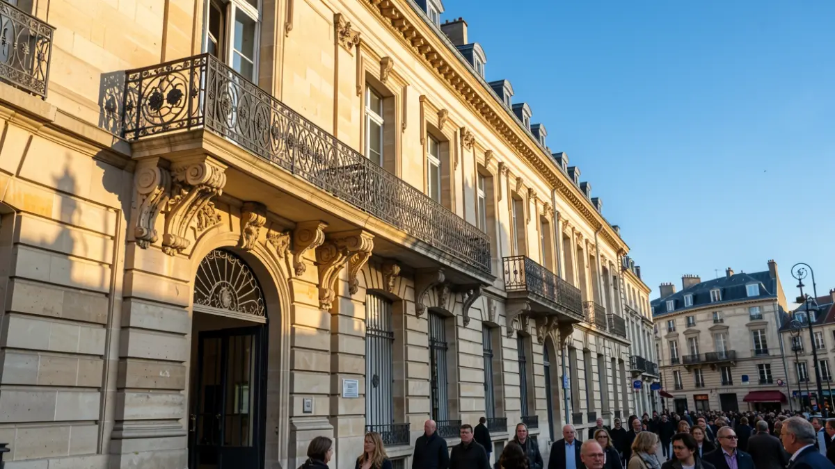 Image générique de la façade d'un hôtel de ville en pierre de style haussmannien, avec un balcon orné et des barreaux en fer forgé, sous un soleil d'après-midi.