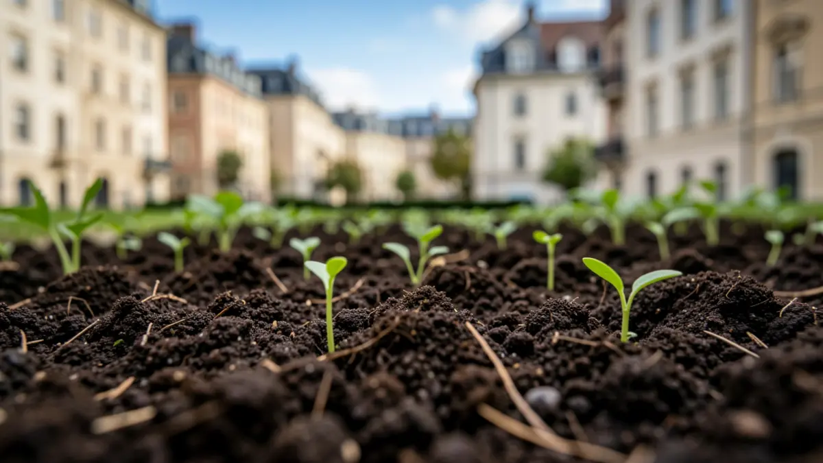Close-up of rich, dark soil in a city garden, with young green sprouts emerging. The background shows blurred urban buildings and a blue sky.