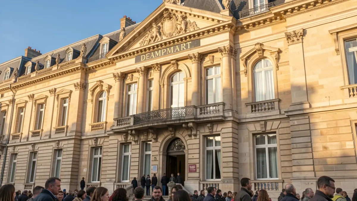 Image générique de la façade d'une mairie française, avec des détails architecturaux et un panneau indiquant 'Mairie'.