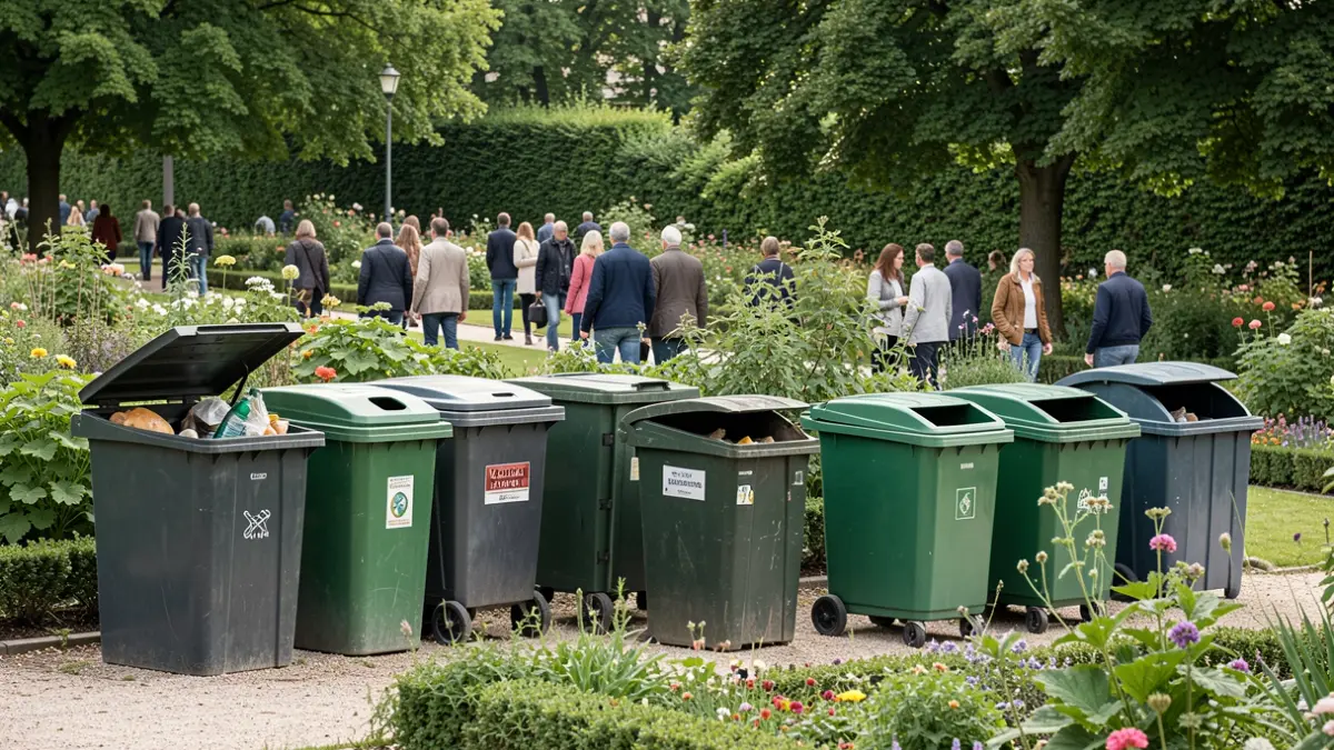 Image générique de divers dispositifs de collecte des déchets alimentaires et de compostage dans un cadre verdoyant.
