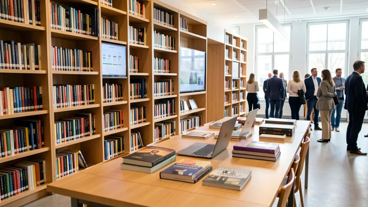 Intérieur d'une médiathèque moderne en Île-de-France avec des étagères remplies de livres et des écrans numériques.