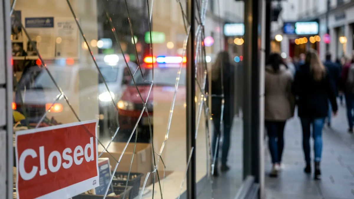 Image générique de vitrine de magasin endommagée avec panneau 'Fermé', reflétant des lumières de rue et de secours floues.