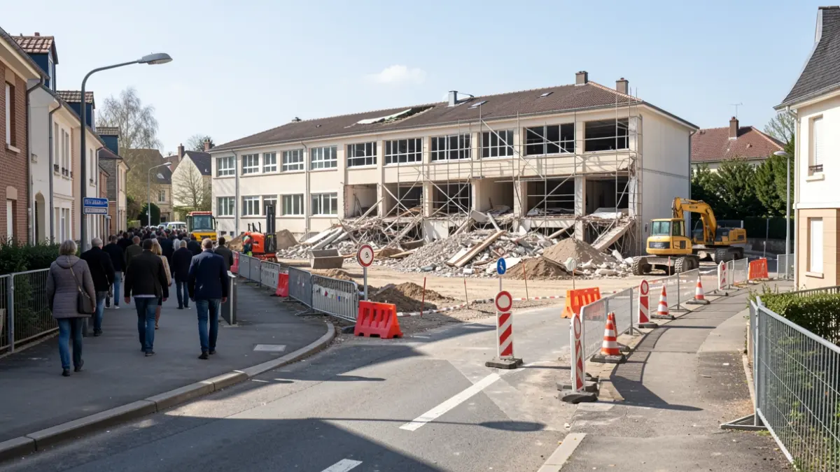 Generic image of a former gymnasium demolition site with temporary traffic diversions.