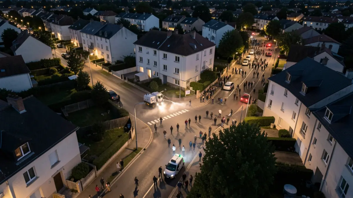 Vue aérienne d'une opération de démoustication nocturne dans un quartier résidentiel de Créteil.