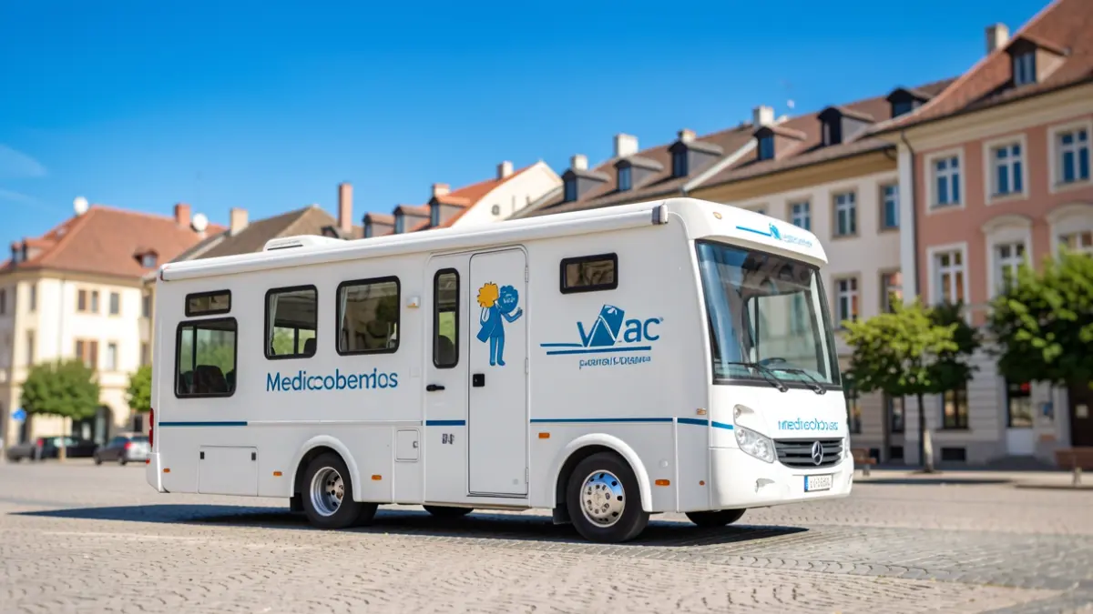 Image générique: une unité médicale mobile, stationnée dans un espace public.