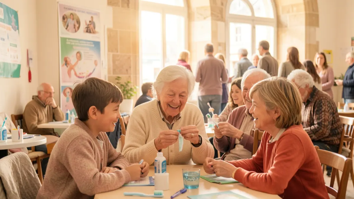 Image générique d'enfants et de personnes âgées partageant un moment convivial dans un centre intergénérationnel.