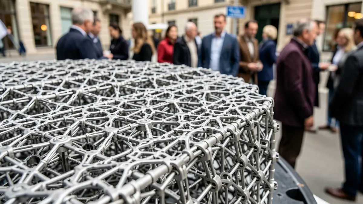 Complex mechanical material with interconnected elastic elements, highlighting intricate patterns and potential stable states.