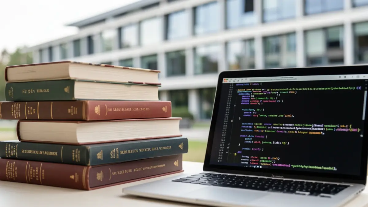 Generic image of academic books and a computer displaying code.