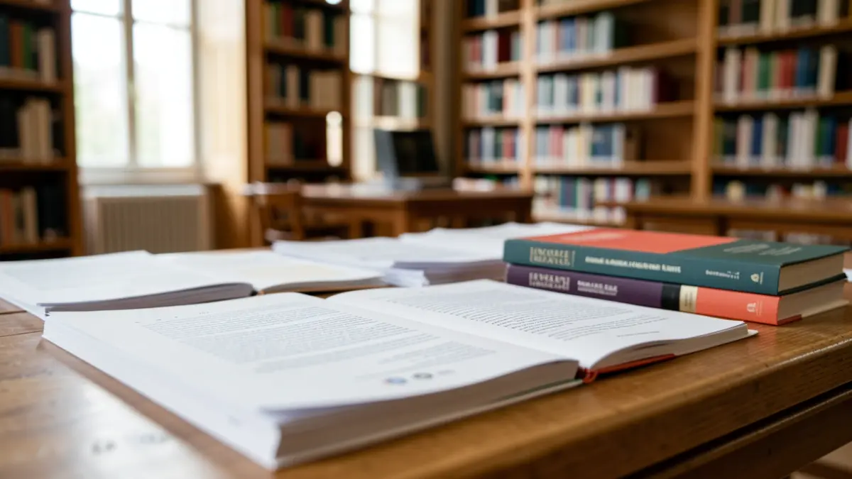 Generic image of academic books and research papers on a desk in a Parisian university library.