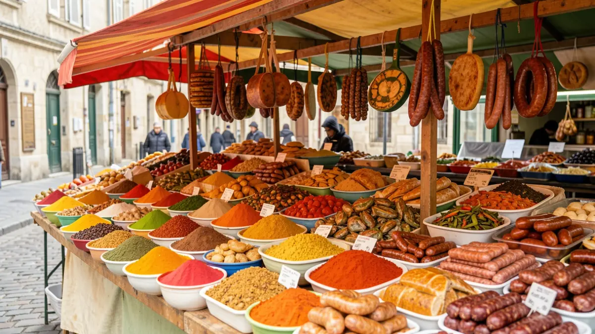 Colorful market stall in Angerville offering African, Caribbean specialties, and various sausages.