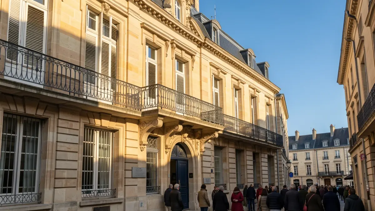 Generic image of a stone official building facade with an ornate balcony, under a blue sky and afternoon sun.