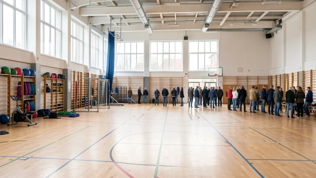 Image générique d'un gymnase intérieur avec du matériel de sport visible au second plan, lumière du jour douce illuminant l'espace, sans personnes présentes, propre et organisé.
