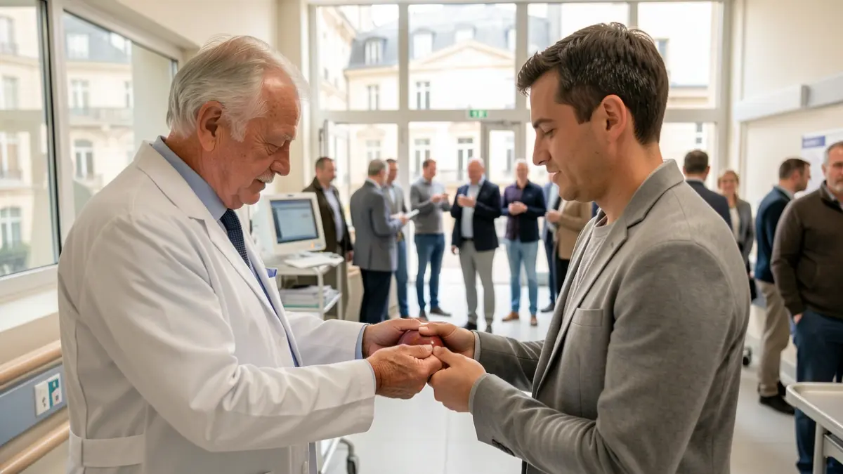 Generic image of a symbolic connection between a donor and a recipient in a hospital setting, evoking hope and care.