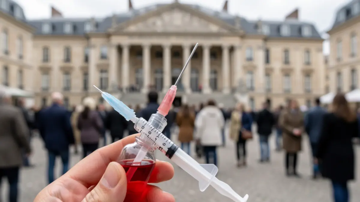 Generic image of a syringe and a vial symbolizing vaccination, in front of a public building facade.