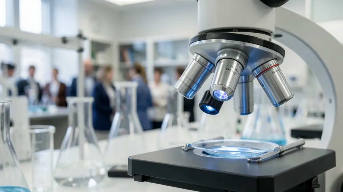 Gros plan d'un objectif de microscope avec un arrière-plan flou d'équipement de laboratoire et de verrerie, éclairage doux et diffus, représentant la recherche scientifique et les avancées médicales.