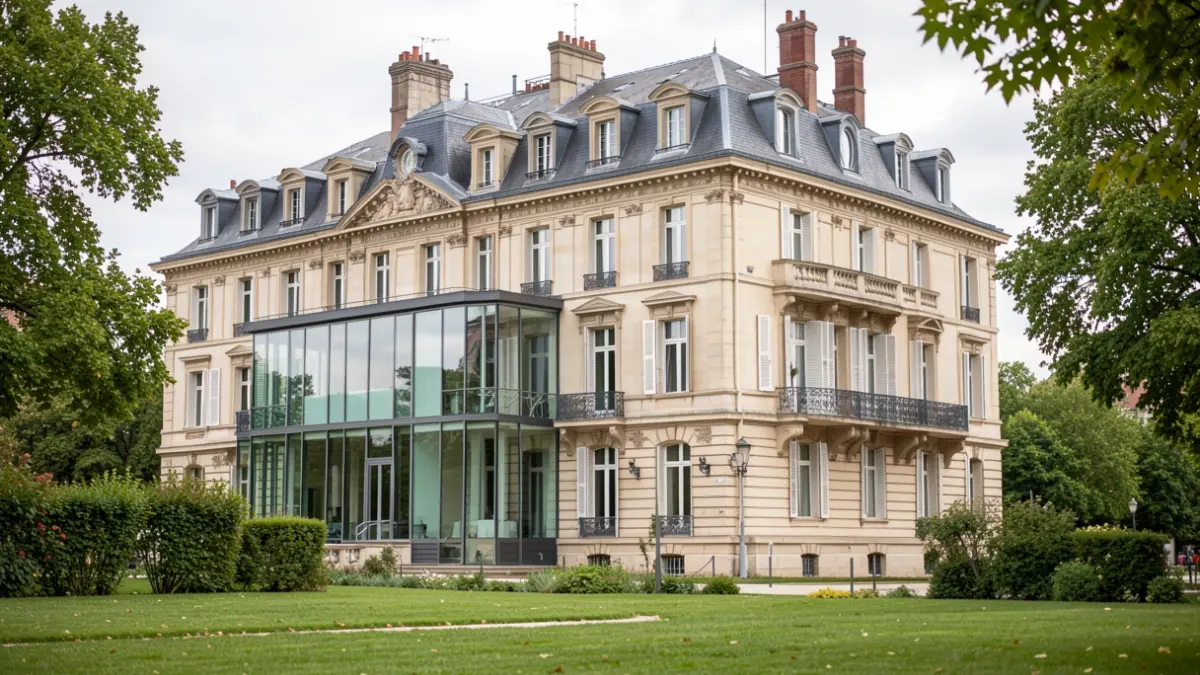 Image générique d'une façade de bâtiment ancien rénovée avec des extensions modernes dans un parc.