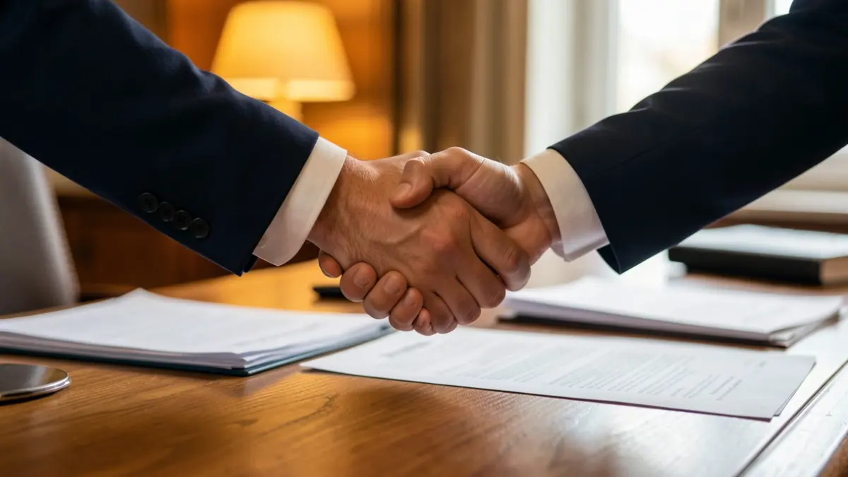 Image générique d'une poignée de main entre deux personnes en costume, sur un bureau avec des documents flous.