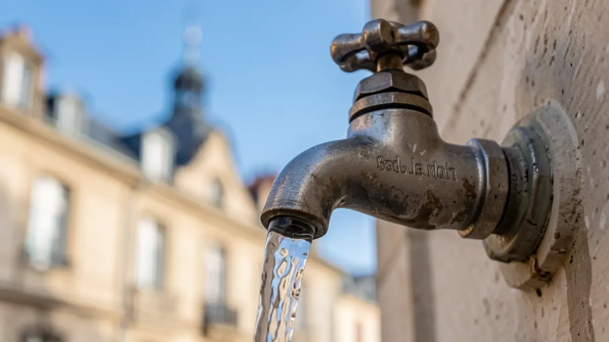Clear water drops falling from a tap, with a blurred reflection of a French town hall facade.