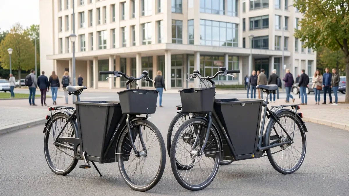 Two cargo bikes with integrated bins in front of Eaubonne's town hall.