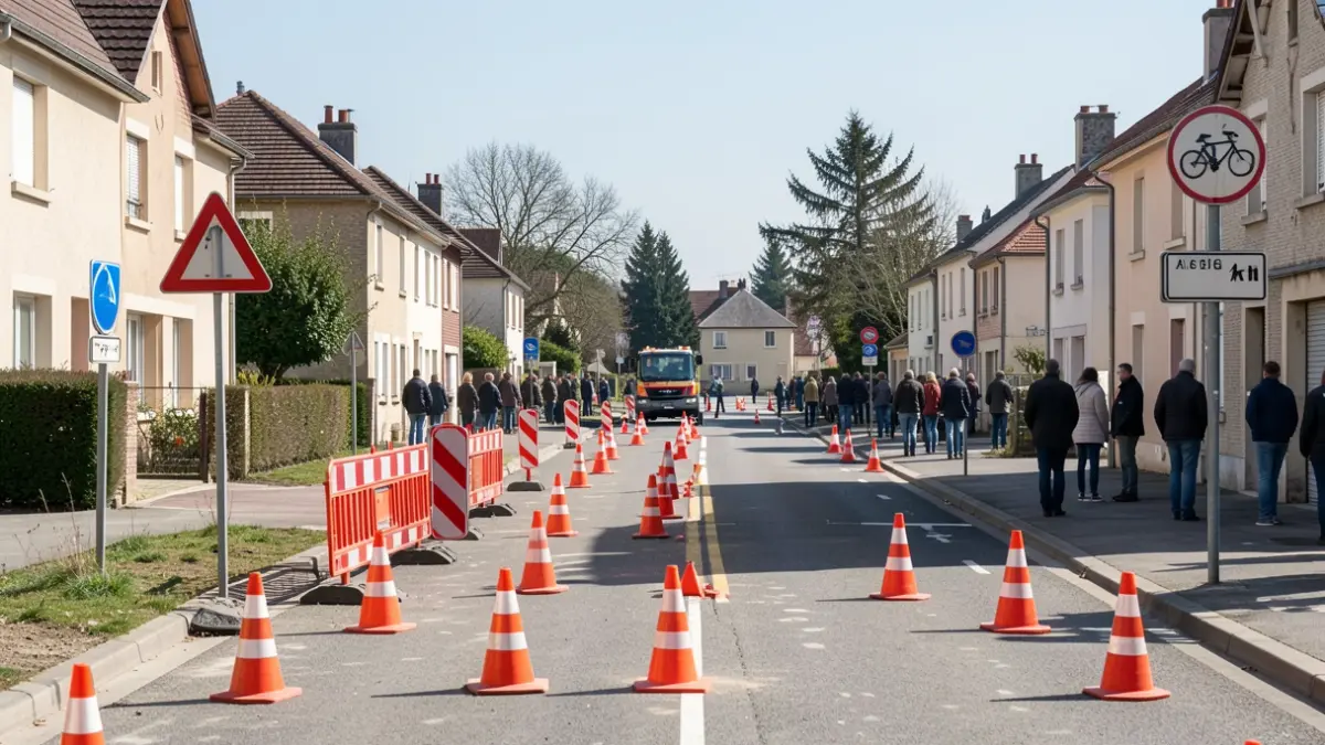 Generic image of bicycle lane construction work on a street in Eaubonne, with traffic cones and barriers.