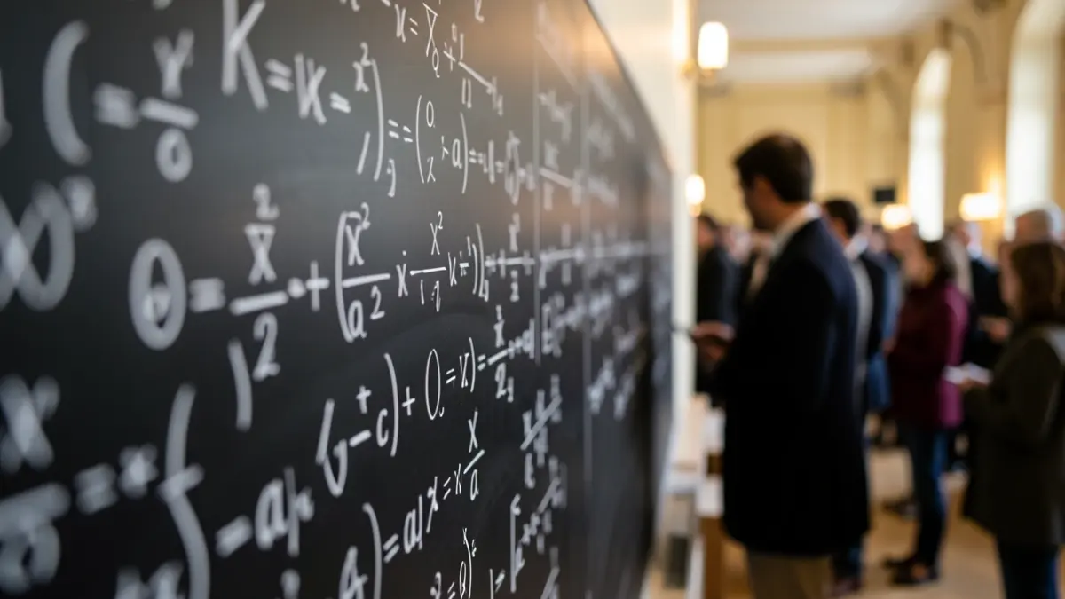 Image générique de symboles mathématiques et d'équations sur un tableau noir, avec une silhouette humaine floue en arrière-plan.