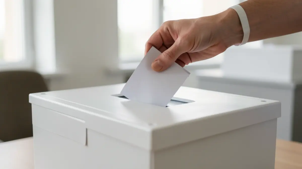 Generic image of a ballot box with a hand dropping a vote.