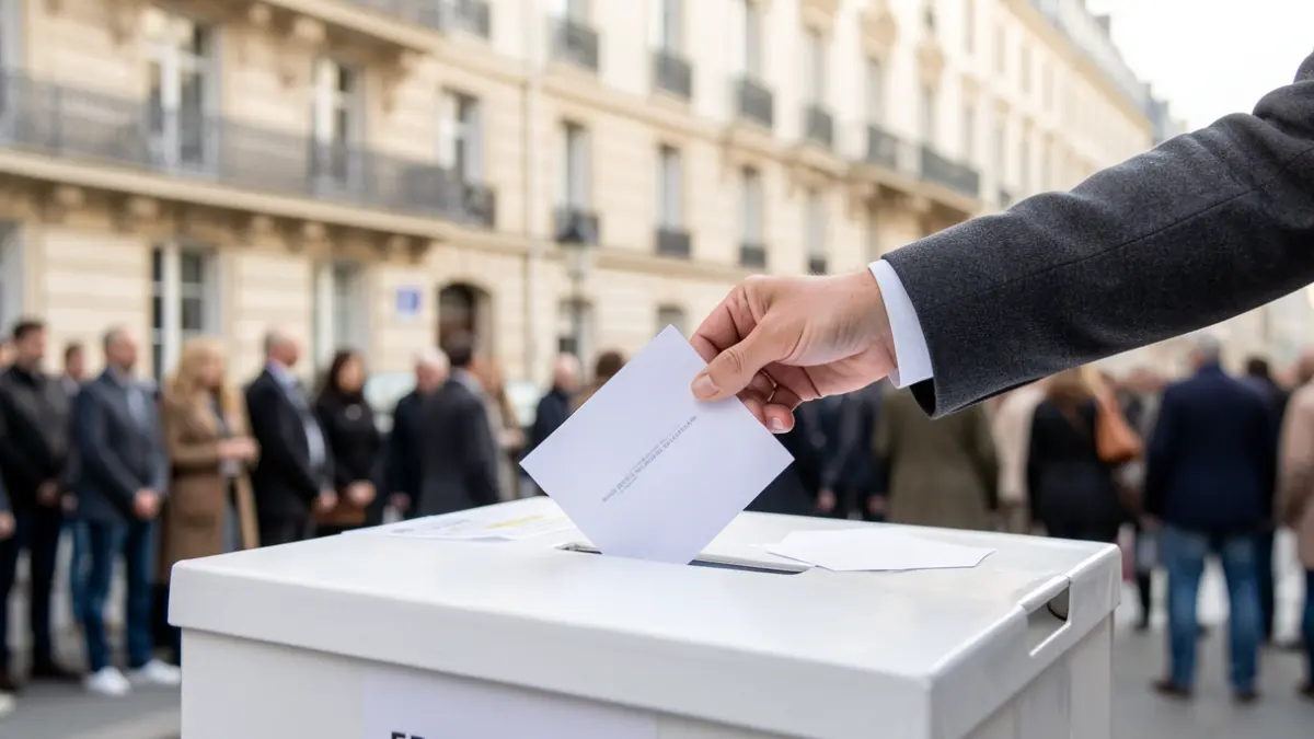 Image générique de mains votant dans une urne devant un immeuble parisien.