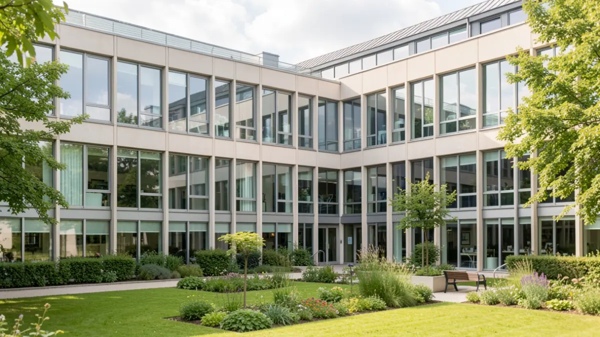 Image générique d'une façade d'université moderne avec des espaces verts, dans le style architectural de l'Île-de-France.