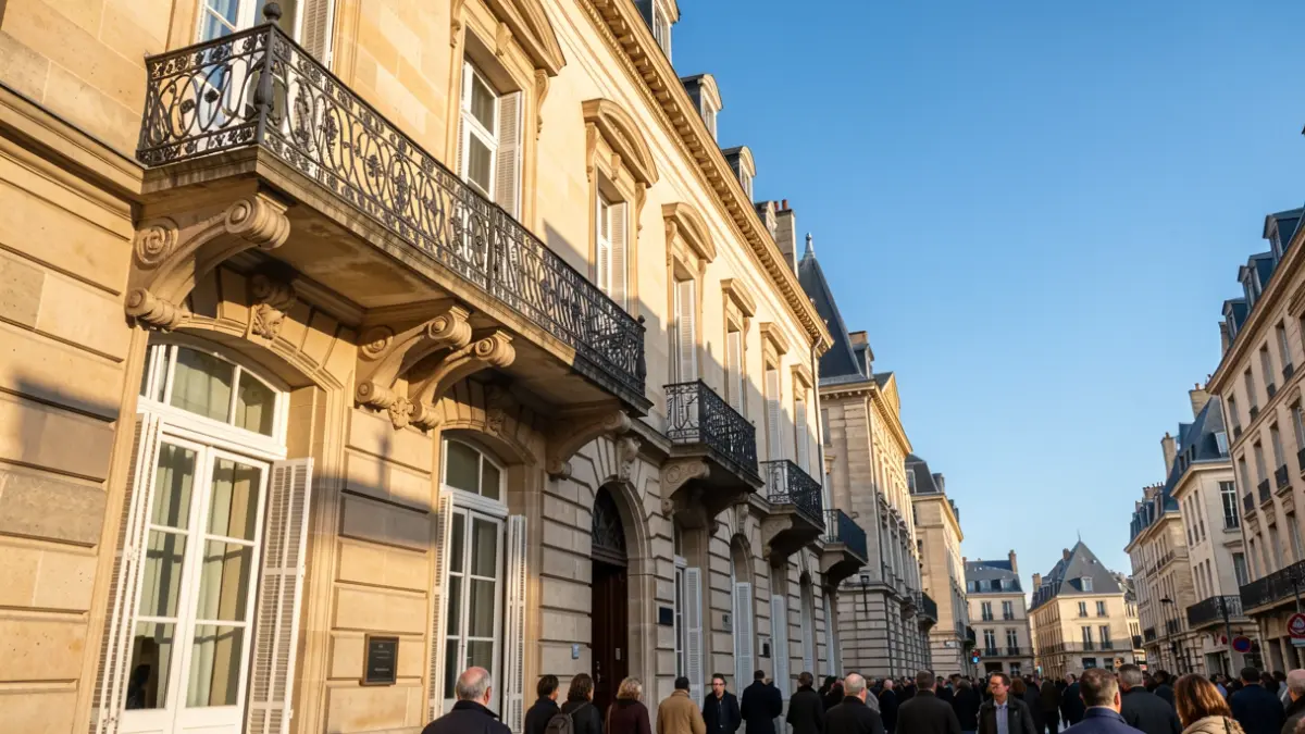Generic image of a stone facade of an Île-de-France town hall with an ornate balcony and iron railings, warm afternoon light.