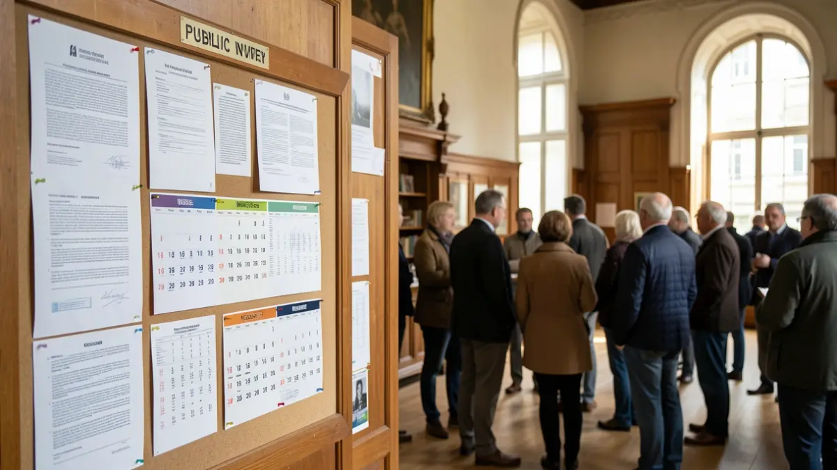 Image générique d'un panneau d'avis public dans un hall d'hôtel de ville français, avec des documents officiels et un calendrier affichant les mois de novembre et décembre.