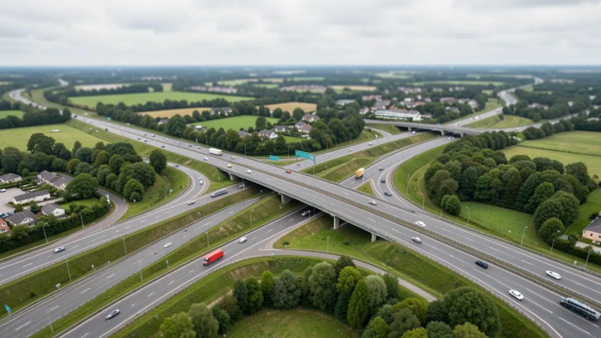 Generic image of the A6 motorway in the Île-de-France region, showing interchanges and surrounding green areas.