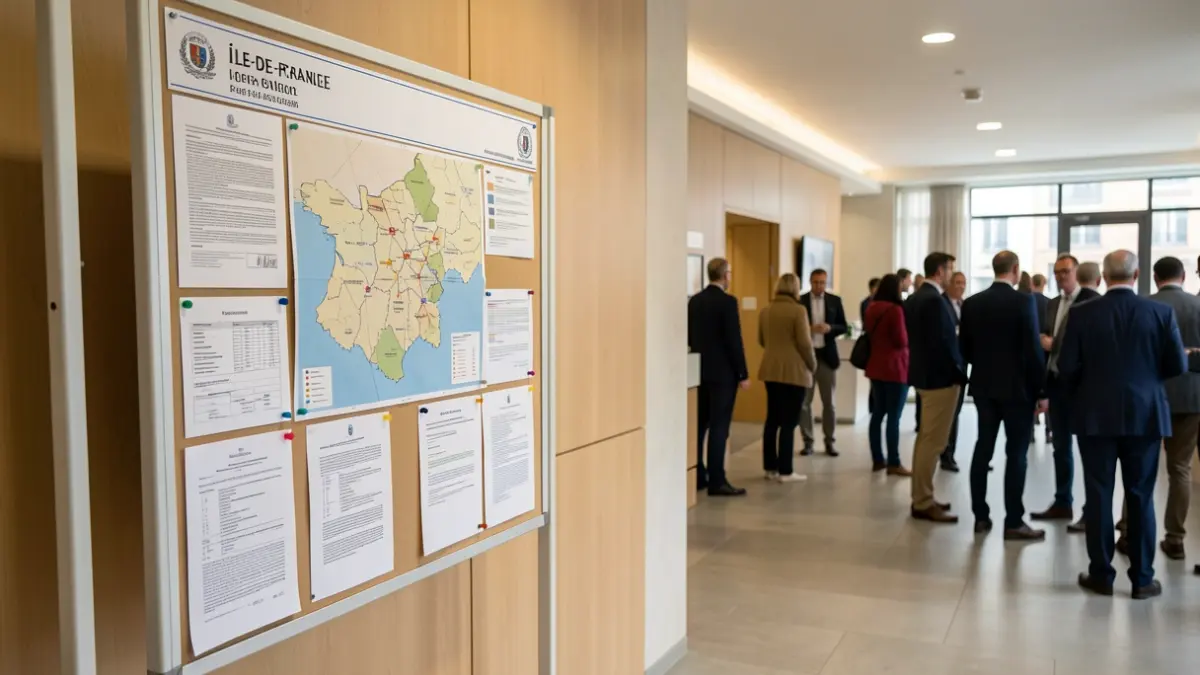 Panneau d'affichage public avec des documents officiels et une carte des communes concernées par la demande de recherche géothermique.