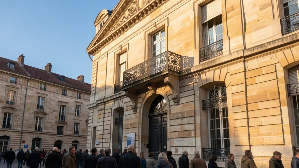 Image générique de la façade d'un hôtel de ville en pierre avec balcon et balustrade en fer forgé, sous un soleil d'après-midi.