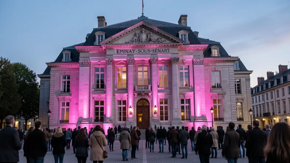 L'Hôtel de Ville d'Épinay-sous-Sénart illuminé en rose pour Octobre Rose.