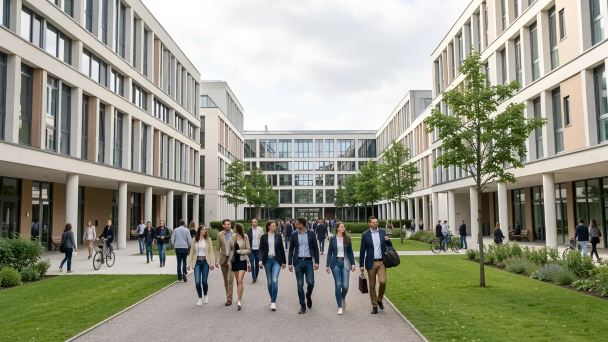 Generic image of a modern university campus with students, clean architecture, and green spaces, in daylight.
