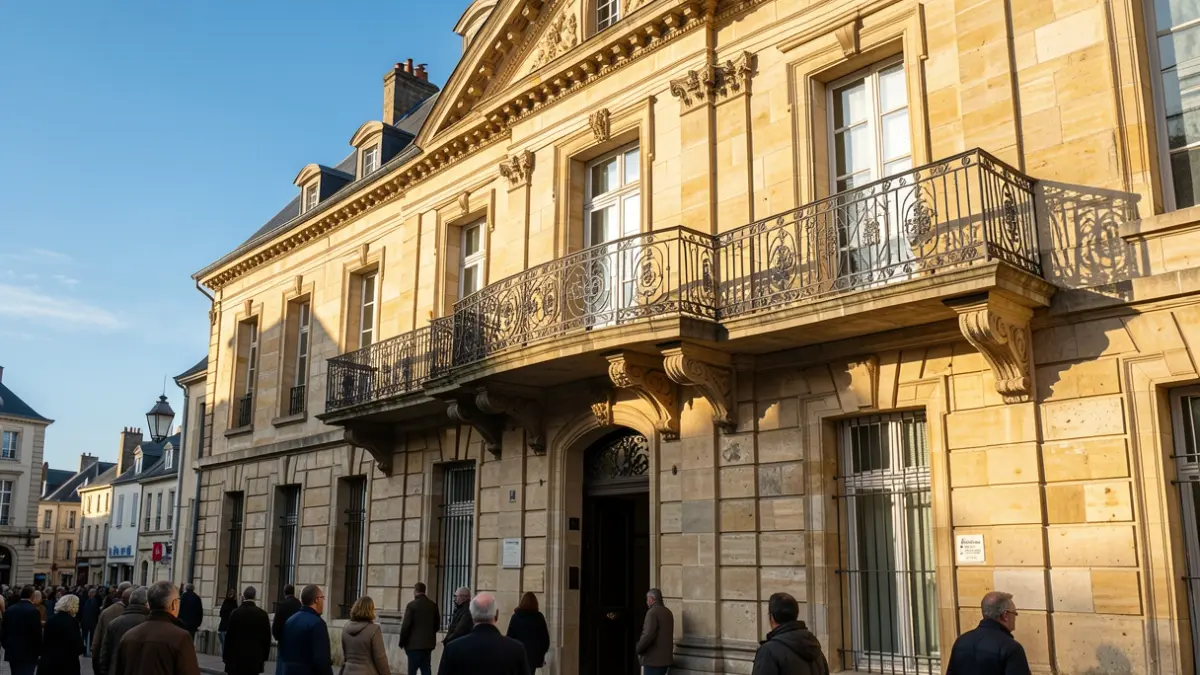 Generic image of a stone official building facade with an ornate balcony, in warm afternoon sunlight.