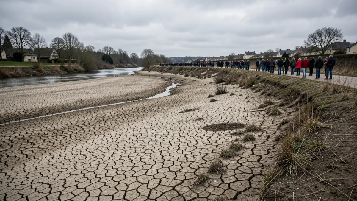 Dry riverbed of the Yerres river in Île-de-France during a severe drought, cracked earth visible, low water levels, sparse vegetation on the banks, overcast sky casting a somber light.