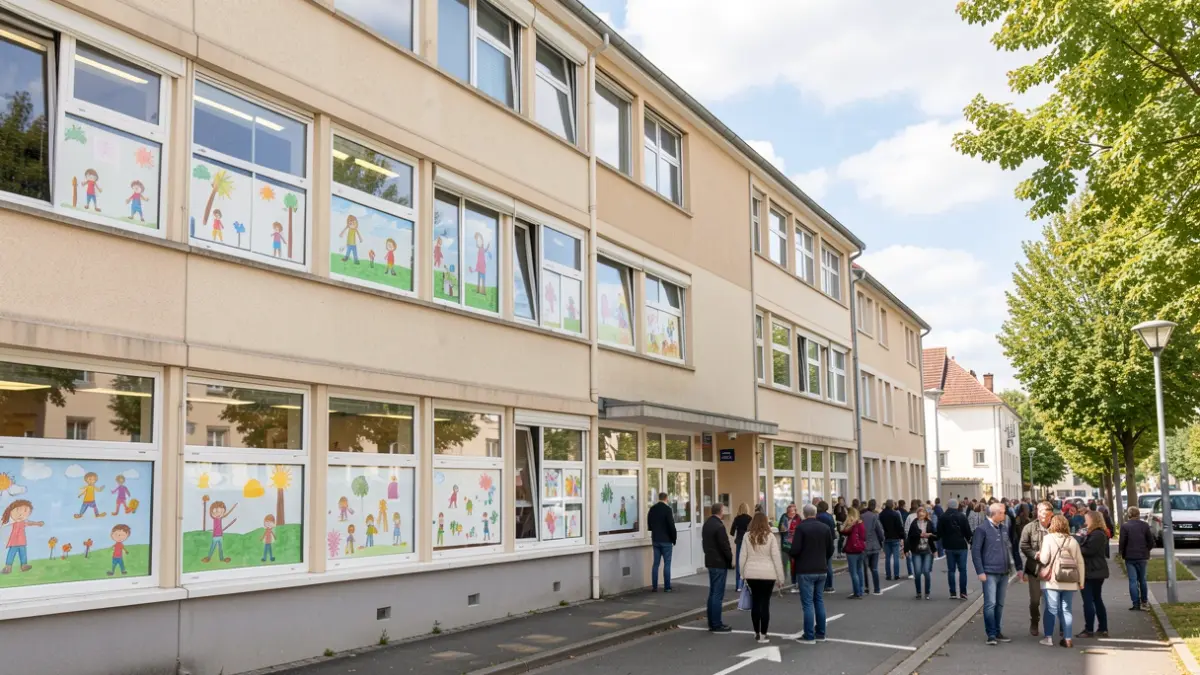 Image générique d'une école élémentaire en Île-de-France avec des dessins d'enfants visibles par les fenêtres.