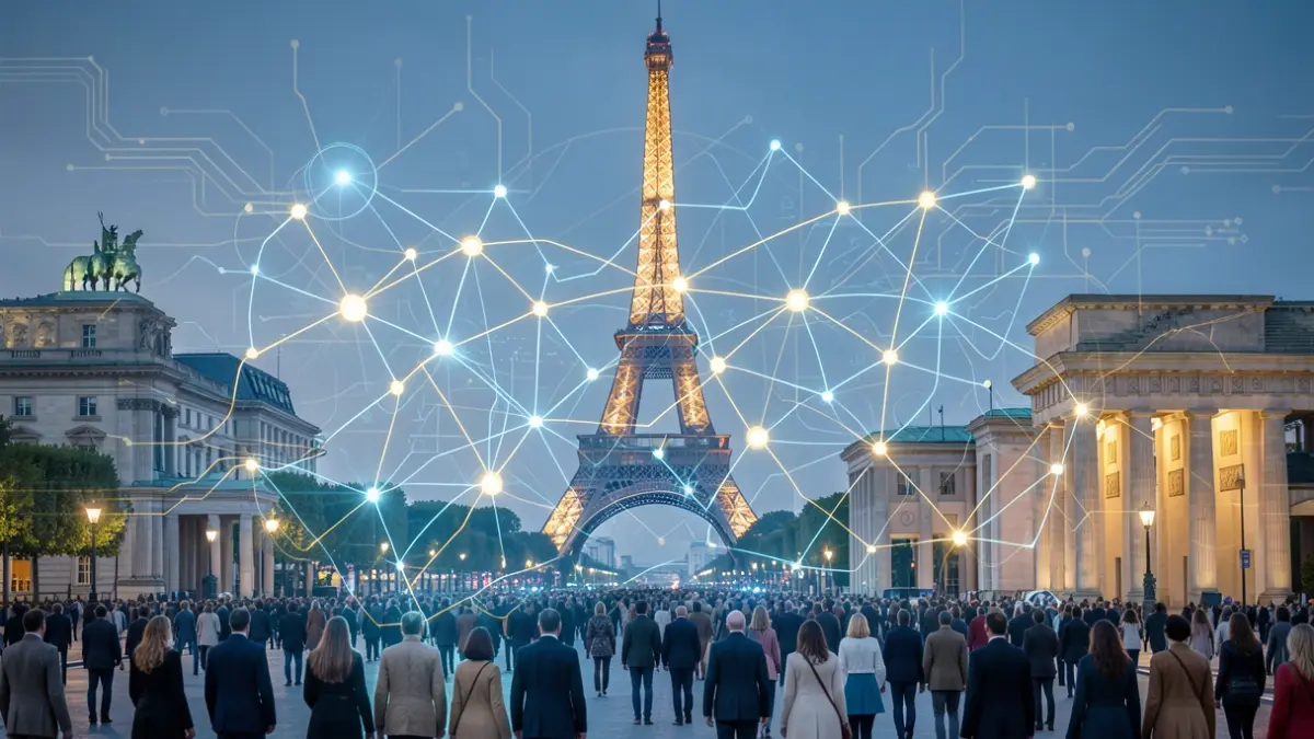 Image générique représentant l'avancement technologique européen avec des connexions lumineuses et des symboles architecturaux européens.