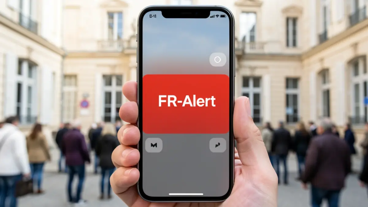 Image générique d'une alerte FR-Alert sur un téléphone, avec un arrière-plan flou d'une mairie.