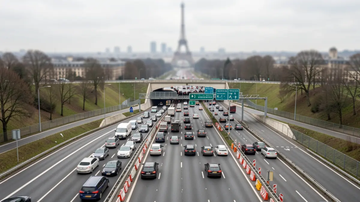 Aerial view of the A13 motorway in Île-de-France, showing congestion and construction barriers near the Saint-Cloud tunnel.